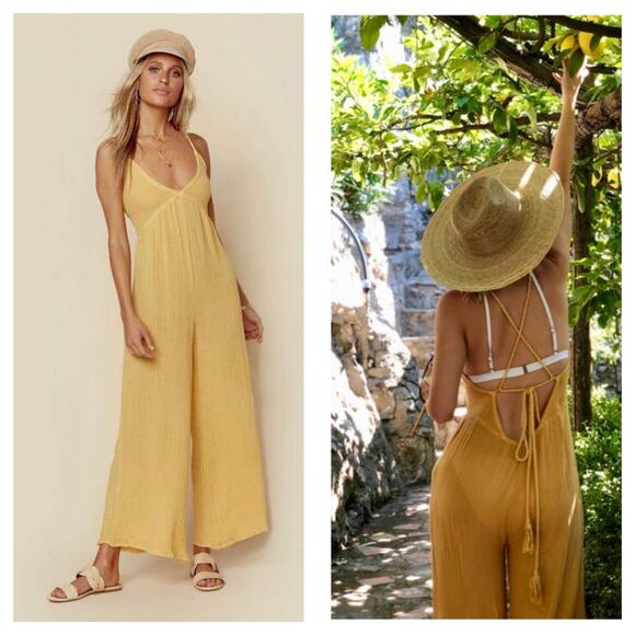 Jen’s Pirate Booty Gozzo Yellow Jumpsuit XS Halter Crop Wide Leg Terry Cloth - Picture 1 of 14